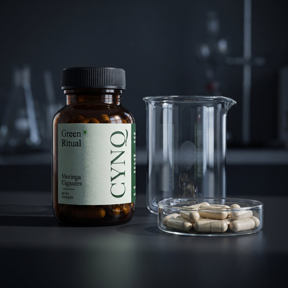 Green Ritual capsule bottle on a dark lab bench with a glass beaker and capsules in a petri dish